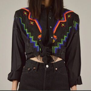 Black Western Fringe Beaded Crop Shirt